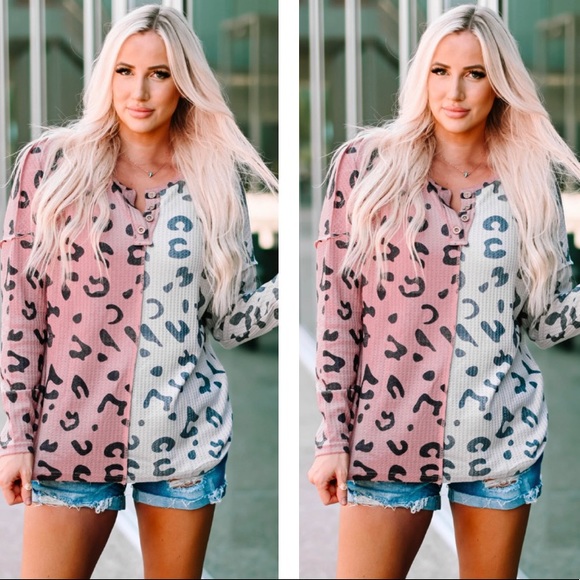 Tops - Leopard Color Block Waffle-Knit Henley Top
